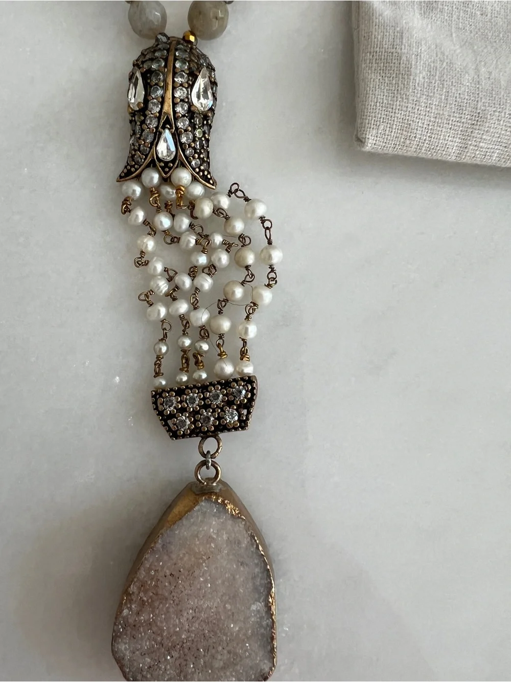 RARE ANTHROPOLOGIE BHLDN GRATZIA Pink & Gray Beaded Druzy Statement Necklace - Picture 8 of 8